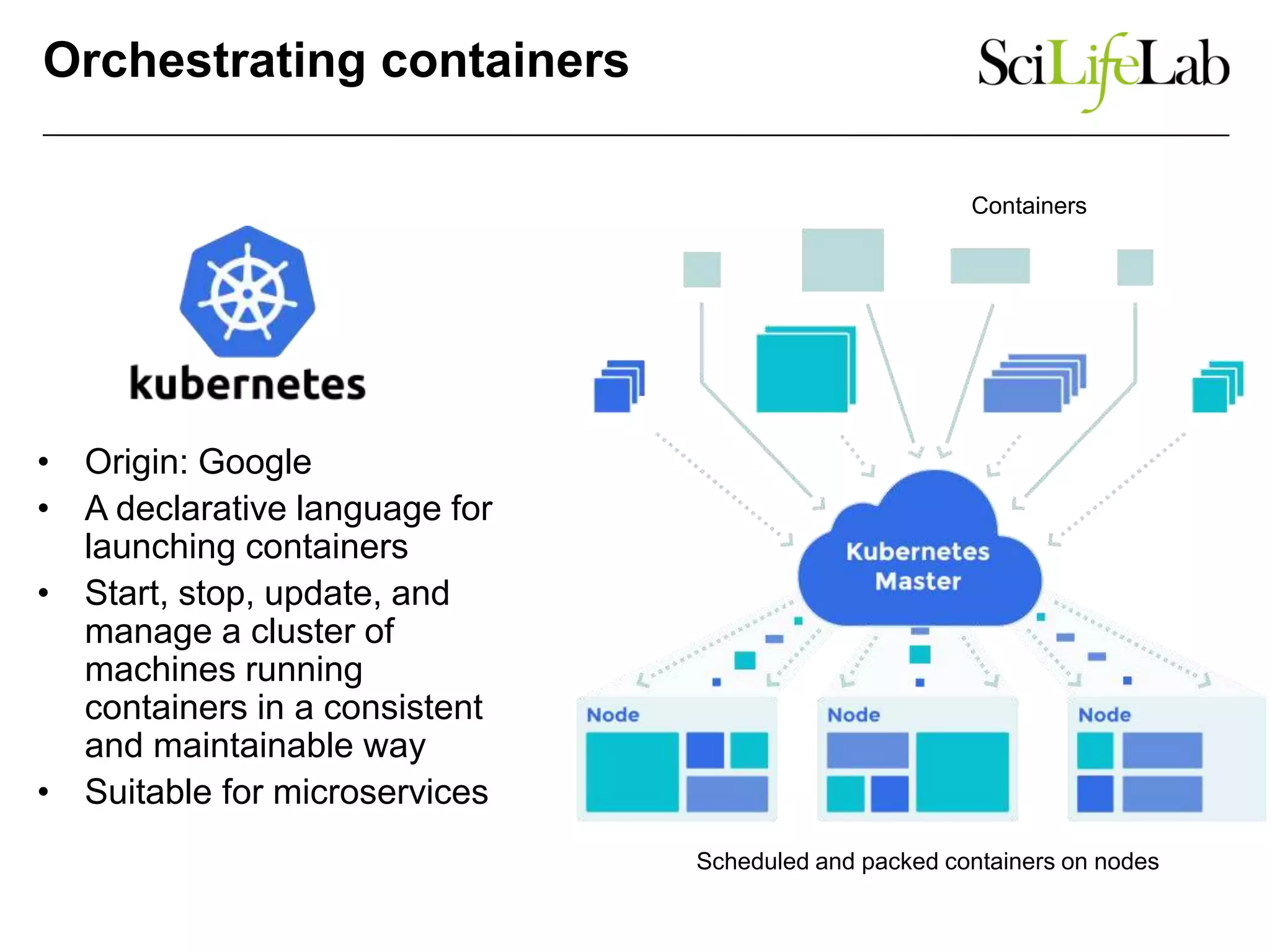 Orchestrating containers
• Origin: Google
• A declarative language for
launching containers
• Start, stop, update, and
manage a cluster of
machines running
containers in a consistent
and maintainable way
• Suitable for microservices
Containers
Scheduled and packed containers on nodes
 