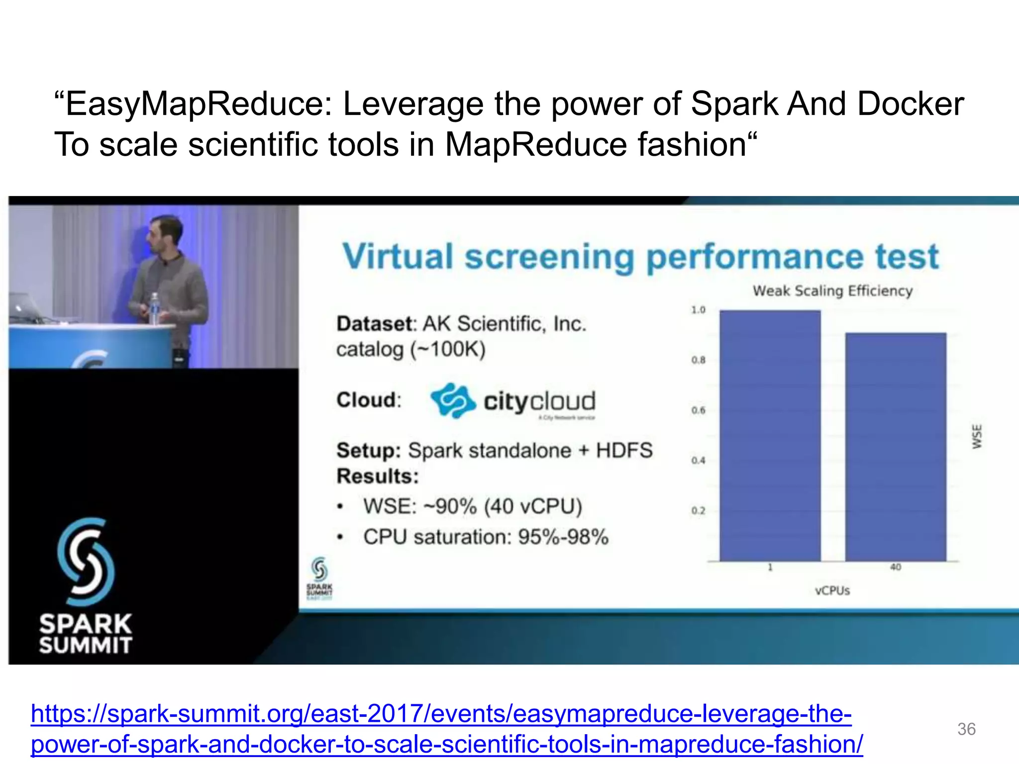 “EasyMapReduce: Leverage the power of Spark And Docker
To scale scientific tools in MapReduce fashion“
36
https://spark-summit.org/east-2017/events/easymapreduce-leverage-the-
power-of-spark-and-docker-to-scale-scientific-tools-in-mapreduce-fashion/
 