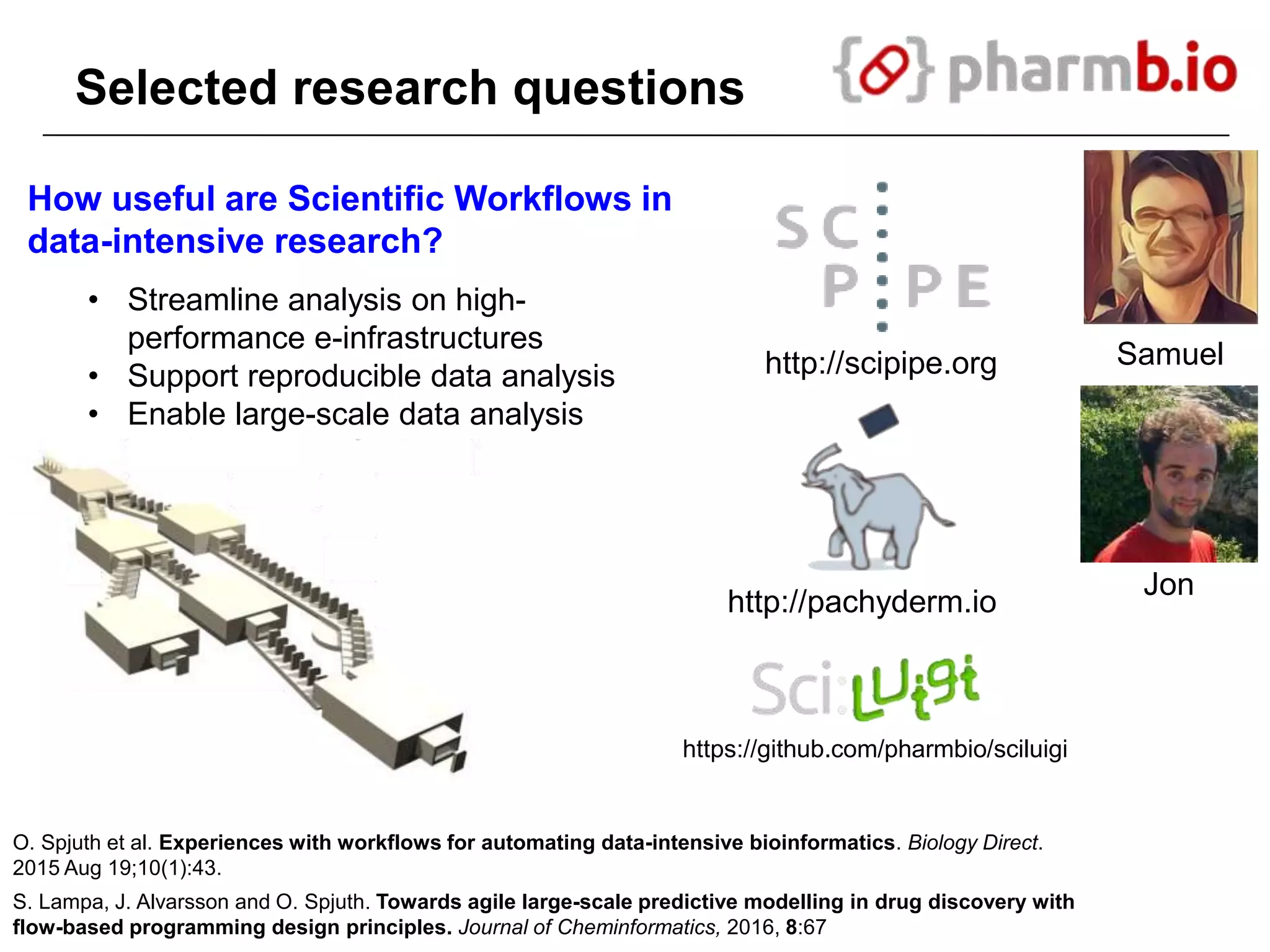 Selected research questions
How useful are Scientific Workflows in
data-intensive research?
O. Spjuth et al. Experiences with workflows for automating data-intensive bioinformatics. Biology Direct.
2015 Aug 19;10(1):43.
S. Lampa, J. Alvarsson and O. Spjuth. Towards agile large-scale predictive modelling in drug discovery with
flow-based programming design principles. Journal of Cheminformatics, 2016, 8:67
Samuel
Jon
• Streamline analysis on high-
performance e-infrastructures
• Support reproducible data analysis
• Enable large-scale data analysis
http://scipipe.org
https://github.com/pharmbio/sciluigi
http://pachyderm.io
 