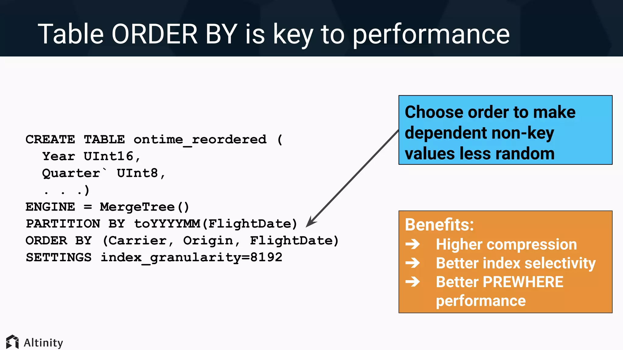 Table ORDER BY is key to performance
CREATE TABLE ontime_reordered (
Year UInt16,
Quarter` UInt8,
. . .)
ENGINE = MergeTree()
PARTITION BY toYYYYMM(FlightDate)
ORDER BY (Carrier, Origin, FlightDate)
SETTINGS index_granularity=8192
Choose order to make
dependent non-key
values less random
Beneﬁts:
➔ Higher compression
➔ Better index selectivity
➔ Better PREWHERE
performance
 