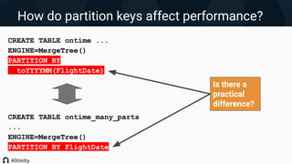 CREATE TABLE ontime ...
ENGINE=MergeTree()
PARTITION BY
toYYYYMM(FlightDate)
CREATE TABLE ontime_many_parts
...
ENGINE=MergeTree()
PARTITION BY FlightDate
How do partition keys affect performance?
Is there a
practical
difference?
 
