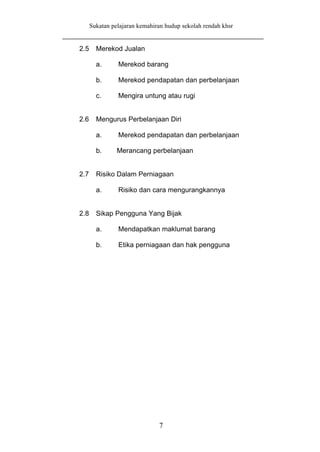 Sukatan pelajaran kemahiran hudup sekolah rendah khsr


2.5     Merekod Jualan

        a.      Merekod barang

        b.      Merekod pendapatan dan perbelanjaan

        c.      Mengira untung atau rugi


2.6     Mengurus Perbelanjaan Diri

        a.      Merekod pendapatan dan perbelanjaan

        b.      Merancang perbelanjaan


2.7     Risiko Dalam Perniagaan

        a.      Risiko dan cara mengurangkannya


2.8     Sikap Pengguna Yang Bijak

        a.      Mendapatkan maklumat barang

        b.      Etika perniagaan dan hak pengguna




                               7
 