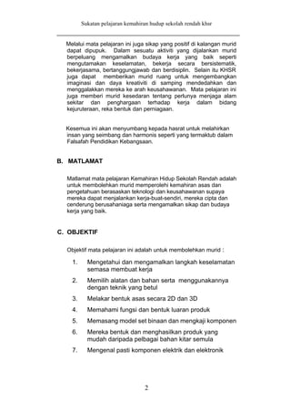Sukatan pelajaran kemahiran hudup sekolah rendah khsr


  Melalui mata pelajaran ini juga sikap yang positif di kalangan murid
  dapat dipupuk. Dalam sesuatu aktiviti yang dijalankan murid
  berpeluang mengamalkan budaya kerja yang baik seperti
  mengutamakan keselamatan, bekerja secara bersistematik,
  bekerjasama, bertanggungjawab dan berdisiplin. Selain itu KHSR
  juga dapat memberikan murid ruang untuk mengembangkan
  imaginasi dan daya kreativiti di samping mendedahkan dan
  menggalakkan mereka ke arah keusahawanan. Mata pelajaran ini
  juga memberi murid kesedaran tentang perlunya menjaga alam
  sekitar dan penghargaan terhadap kerja dalam bidang
  kejuruteraan, reka bentuk dan perniagaan.


  Kesemua ini akan menyumbang kepada hasrat untuk melahirkan
  insan yang seimbang dan harmonis seperti yang termaktub dalam
  Falsafah Pendidikan Kebangsaan.


B. MATLAMAT

  Matlamat mata pelajaran Kemahiran Hidup Sekolah Rendah adalah
  untuk membolehkan murid memperolehi kemahiran asas dan
  pengetahuan berasaskan teknologi dan keusahawanan supaya
  mereka dapat menjalankan kerja-buat-sendiri, mereka cipta dan
  cenderung berusahaniaga serta mengamalkan sikap dan budaya
  kerja yang baik.


C. OBJEKTIF

  Objektif mata pelajaran ini adalah untuk membolehkan murid :

    1.     Mengetahui dan mengamalkan langkah keselamatan
           semasa membuat kerja
    2.     Memilih alatan dan bahan serta menggunakannya
           dengan teknik yang betul
    3.     Melakar bentuk asas secara 2D dan 3D
    4.     Memahami fungsi dan bentuk luaran produk
    5.     Memasang model set binaan dan mengkaji komponen
    6.     Mereka bentuk dan menghasilkan produk yang
           mudah daripada pelbagai bahan kitar semula
    7.     Mengenal pasti komponen elektrik dan elektronik




                                  2
 