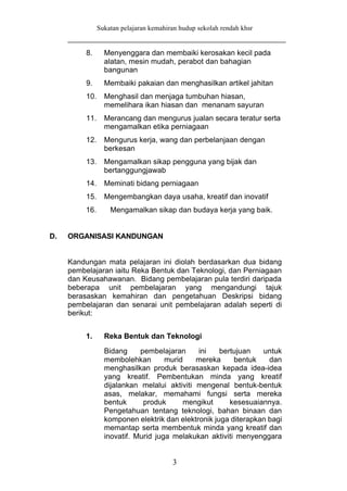 Sukatan pelajaran kemahiran hudup sekolah rendah khsr


          8.      Menyenggara dan membaiki kerosakan kecil pada
                  alatan, mesin mudah, perabot dan bahagian
                  bangunan
          9.      Membaiki pakaian dan menghasilkan artikel jahitan
          10.     Menghasil dan menjaga tumbuhan hiasan,
                  memelihara ikan hiasan dan menanam sayuran
          11.     Merancang dan mengurus jualan secara teratur serta
                  mengamalkan etika perniagaan
          12.     Mengurus kerja, wang dan perbelanjaan dengan
                  berkesan
          13.     Mengamalkan sikap pengguna yang bijak dan
                  bertanggungjawab
          14.     Meminati bidang perniagaan
          15.     Mengembangkan daya usaha, kreatif dan inovatif
          16.       Mengamalkan sikap dan budaya kerja yang baik.


D.   ORGANISASI KANDUNGAN


     Kandungan mata pelajaran ini diolah berdasarkan dua bidang
     pembelajaran iaitu Reka Bentuk dan Teknologi, dan Perniagaan
     dan Keusahawanan. Bidang pembelajaran pula terdiri daripada
     beberapa unit pembelajaran yang mengandungi tajuk
     berasaskan kemahiran dan pengetahuan Deskripsi bidang
     pembelajaran dan senarai unit pembelajaran adalah seperti di
     berikut:


          1.      Reka Bentuk dan Teknologi
                  Bidang     pembelajaran     ini    bertujuan   untuk
                  membolehkan        murid    mereka     bentuk    dan
                  menghasilkan produk berasaskan kepada idea-idea
                  yang kreatif. Pembentukan minda yang kreatif
                  dijalankan melalui aktiviti mengenal bentuk-bentuk
                  asas, melakar, memahami fungsi serta mereka
                  bentuk      produk      mengikut      kesesuaiannya.
                  Pengetahuan tentang teknologi, bahan binaan dan
                  komponen elektrik dan elektronik juga diterapkan bagi
                  memantap serta membentuk minda yang kreatif dan
                  inovatif. Murid juga melakukan aktiviti menyenggara


                                         3
 