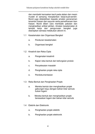 Sukatan pelajaran kemahiran hudup sekolah rendah khsr


        dan membaiki kerosakan kecil pada alatan dan mesin
        mudah di samping menjalankan kerja-buat-sendiri.
        Murid juga didedahkan kepada amalan penanaman
        tanaman hiasan dan sayuran serta pemeliharaan ikan
        hiasan. Murid diberi cara membaiki pakaian dan
        menghasilkan artikel jahitan. Amalan keselamatan di
        tempat kerja dan pengurusan bengkel juga
        diserapkan semasa melakukan aktiviti ini.

1.1     Keselamatan dan Organisasi Bengkel

        a.      Peraturan keselamatan

        b.      Organisasi bengkel


1.2     Kreativiti dan Reka Cipta

        a.      Pengenalan kreativiti

        b.      Kajian reka bentuk dan kefungsian produk

        c.      Penyelesaian masalah

        d.      Penghasilan projek reka cipta

        e.      Pendokumentasian


1.3     Reka Bentuk dan Penghasilan Projek

        a.      Mereka bentuk dan menghasilkan projek
                gabungan kayu dengan bahan kitar semula
                bukan logam

        b.      Mereka bentuk dan menghasilkan projek
                berasaskan logam dan bahan kitar semula


1.4     Elektrik dan Elektronik

        a.      Penghasilan projek elektrik

        b.      Penghasilan projek elektronik




                               4
 