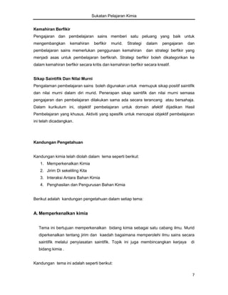 Sukatan Pelajaran Kimia
Kemahiran Berfikir
Pengajaran dan pembelajaran sains memberi satu peluang yang baik untuk
mengembangkan

kemahiran

berfikir

murid.

Strategi

pembelajaran sains memerlukan penggunaan kemahiran

dalam

pengajaran

dan

dan strategi berfikir yang

menjadi asas untuk pembelajaran berfikrah. Strategi berfikir boleh dikategorikan ke
dalam kemahiran berfikir secara kritis dan kemahiran berfikir secara kreatif.
Sikap Saintifik Dan Nilai Murni
Pengalaman pembelajaran sains boleh digunakan untuk memupuk sikap positif saintifik
dan nilai murni dalam diri murid. Penerapan sikap saintifik dan nilai murni semasa
pengajaran dan pembelajaran dilakukan sama ada secara terancang atau bersahaja.
Dalam kurikulum ini, objektif pembelajaran untuk domain afektif dijadikan Hasil
Pembelajaran yang khusus. Aktiviti yang spesifik untuk mencapai objektif pembelajaran
ini telah dicadangkan.

Kandungan Pengetahuan

Kandungan kimia telah diolah dalam tema seperti berikut:
1. Memperkenalkan Kimia
2. Jirim Di sekeliling Kita
3. Interaksi Antara Bahan Kimia
4. Penghasilan dan Pengurusan Bahan Kimia

Berikut adalah kandungan pengetahuan dalam setiap tema:

A. Memperkenalkan kimia
Tema ini bertujuan memperkenalkan bidang kimia sebagai satu cabang ilmu. Murid
diperkenalkan tentang jirim dan kaedah bagaimana memperolehi ilmu sains secara
saintifik melalui penyiasatan saintifik. Topik ini juga membincangkan kerjaya

di

bidang kimia .

Kandungan tema ini adalah seperti berikut:
7

 