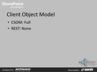 Client Object Model 
• CSOM: Full 
• REST: None 
Goldpartner: Veranstalter: 
 