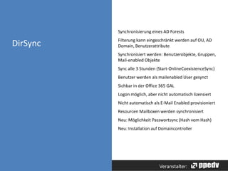 Synchronisierung eines AD Forests
Filterung kann eingeschränkt werden auf OU, AD
Domain, Benutzerattribute
Synchronisiert werden: Benutzerobjekte, Gruppen,
Mail-enabled Objekte
Sync alle 3 Stunden (Start-OnlineCoexistenceSync)
Benutzer werden als mailenabled User gesynct
Sichbar in der Office 365 GAL
Logon möglich, aber nicht automatisch lizensiert
Nicht automatisch als E-Mail Enabled provisioniert
Resourcen Mailboxen werden synchronisiert

Neu: Möglichkeit Passwortsync (Hash vom Hash)
Neu: Installation auf Domaincontroller

Goldpartner:

Veranstalter:

 