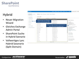 Hybrid
• Neuer Migration
Wizard
• Gleiches Exchange
Admin Portal
• SharePoint Suche
in Hybrid Szenario
• Vollwertiges Lync
Hybrid Szeanario
(Split-Domain)

Goldpartner:

Identical EAC for Exchange
Online and Exchange 2013
Easily manage enterprise features for onprem and cloud Exchange users

Veranstalter:

 