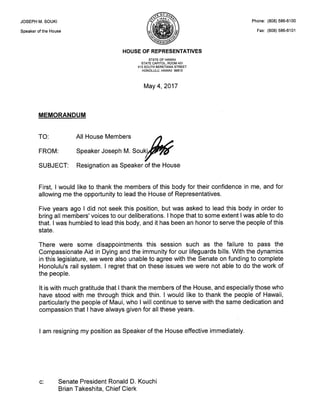 House Speaker Joe Souki Resignation Letter May 4, 2017