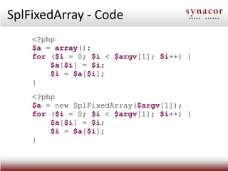SplFixedArray - Code
    <?php
    $a = array();
    for ($i = 0; $i < $argv[1]; $i++) {
        $a[$i] = $i;
        $i = $a[$i];
    }
    <?php
    $a = new SplFixedArray($argv[1]);
    for ($i = 0; $i < $argv[1]; $i++) {
        $a[$i] = $i;
        $i = $a[$i];
    }
 