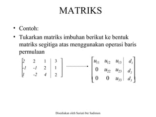 Disediakan oleh Suriati bte Sadimon
MATRIKS
• Contoh:
• Tukarkan matriks imbuhan berikut ke bentuk
matriks segitiga atas menggunakan operasi baris
permulaan










4-21
-1-1
2
2
12 3
1
2










33
2322
131211
00
0
u
uu
uuu d1
d2
d3
 