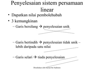 Disediakan oleh Suriati bte Sadimon
Penyelesaian sistem persamaan
linear
• Dapatkan nilai pembolehubah
• 3 kemungkinan
– Garis bersilang  penyelesaian unik
– Garis bertindih  penyelesaian tidak unik –
lebih daripada satu nilai
– Garis selari  tiada penyelesaian
 
