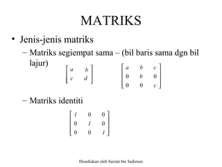 Disediakan oleh Suriati bte Sadimon
MATRIKS
• Jenis-jenis matriks
– Matriks segiempat sama – (bil baris sama dgn bil
lajur)
– Matriks identiti










1
1
1
00
00
00










c
b
a
00
00
cb







d
a
c
b
 