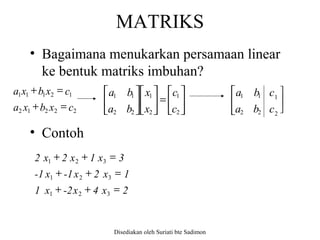 Disediakan oleh Suriati bte Sadimon
MATRIKS
• Bagaimana menukarkan persamaan linear
ke bentuk matriks imbuhan?
• Contoh






=











2
1
2
1
22
11
c
c
x
x
ba
ba
22212
12111
cxbxa
cxbxa
=+
=+



22
11
ba
ba 


c
c
2
1
321
321
321
2x4x-2x1
1x2x-1x-1
3x1x2x2
=++
=++
=++
 