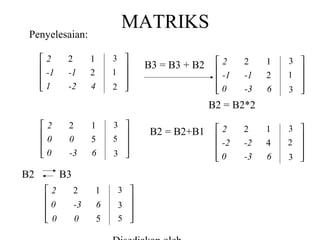 MATRIKS

Penyelesaian:
2

 -1
1


2
-1
-2

3 

1
2
4

B3 = B3 + B2



1 
2 


2

 -1
0


2
-1
-3

1
2
6

3 



1 
3 


B2 = B2*2
2

0
0


B2

2
0
-3

1
5
6

3 

B2 = B2+B1


5 
3 


B3
2

0
0


2

1

3 

-3

6

0

5

3 
5 




2

 -2
0


2
-2
-3

1
4
6

3 



2 
3 


 