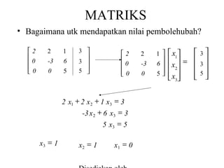 MATRIKS
• Bagaimana utk mendapatkan nilai pembolehubah?
2

0
0


2

1

3 

-3

6

0

5

3 
5 




2

0
0


2 x1 + 2 x 2 + 1 x3 = 3
-3 x 2 + 6 x3 = 3
5 x3 = 5
x3 = 1

x2 = 1

x1 = 0

2
-3
0

1 

6
5



 x1
 = 

 x2

 x3

 



3
5

3

 