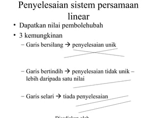 Penyelesaian sistem persamaan
linear

• Dapatkan nilai pembolehubah
• 3 kemungkinan

– Garis bersilang  penyelesaian unik

– Garis bertindih  penyelesaian tidak unik –
lebih daripada satu nilai
– Garis selari  tiada penyelesaian

 