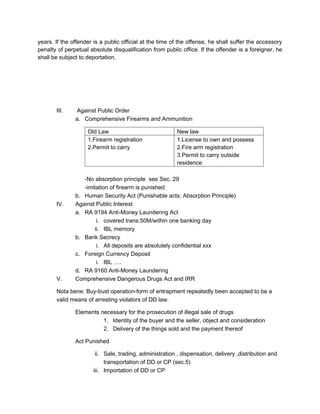 years. If the offender is a public official at the time of the offense, he shall suffer the accessory
penalty of perpetual absolute disqualification from public office. If the offender is a foreigner, he
shall be subject to deportation.
III. Against Public Order
a. Comprehensive Firearms and Ammunition
Old Law New law
1.Firearm registration
2.Permit to carry
1.License to own and possess
2.Fire arm registration
3.Permit to carry outside
residence
-No absorption principle see Sec. 29
-imitation of firearm is punished
b. Human Security Act (Punishable acts; Absorption Principle)
IV. Against Public Interest
a. RA 9194 Anti-Money Laundering Act
i. covered trans:50M/within one banking day
ii. IBL memory
b. Bank Secrecy
i. All deposits are absolutely confidential xxx
c. Foreign Currency Deposit
i. IBL ….
d. RA 9160 Anti-Money Laundering
V. Comprehensive Dangerous Drugs Act and IRR
Nota bene: Buy-bust operation-form of entrapment repeatedly been accepted to be a
valid means of arresting violators of DD law.
Elements necessary for the prosecution of illegal sale of drugs
1. Identity of the buyer and the seller, object and consideration
2. Delivery of the things sold and the payment thereof
Act Punished
ii. Sale, trading, administration , dispensation, delivery ,distribution and
transportation of DD or CP (sec.5)
iii. Importation of DD or CP
 