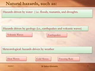 Hazards driven by water ( i.e. floods, tsunamis, and droughts.
Natural hazards, such as:
Hazards driven by geology (i.e., earthquakes and volcanic waves)
EarthquakesVolcanic Waves
Meteorological: hazards driven by weather
Heat Waves Cold Waves Freezing Rain
Lecture 1 Dr Safaa Ghoneim 16
 