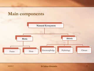 Main components
Natural Ecosystem
Biotic
Fauna Flora
Abiotic
Geomorpholgy Hydrology Climate
Lecture 1 Dr Safaa Ghoneim 28
 