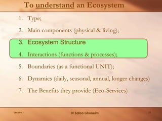 To understand an Ecosystem
1. Type;
2. Main components (physical & living);
3. Ecosystem Structure
4. Interactions (functions & processes);
5. Boundaries (as a functional UNIT);
6. Dynamics (daily, seasonal, annual, longer changes)
7. The Benefits they provide (Eco-Services)
Lecture 1 Dr Safaa Ghoneim 29
 
