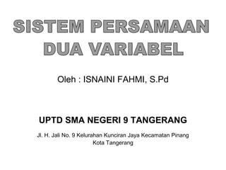 Oleh : ISNAINI FAHMI, S.Pd
UPTD SMA NEGERI 9 TANGERANG
Jl. H. Jali No. 9 Kelurahan Kunciran Jaya Kecamatan Pinang
Kota Tangerang
 