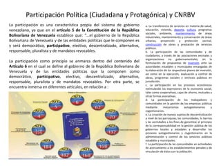 Participación Política (Ciudadana y Protagónica) y CNRBV
La participación es una característica propia del sistema de gobierno
venezolano, ya que en el artículo 5 de la Constitución de la República
Bolivariana de Venezuela establece que: “…el gobierno de la República
Bolivariana de Venezuela y de las entidades políticas que le componen es
y será democrático, participativo, electivo, descentralizado, alternativo,
responsable, pluralista y de mandatos revocables.
La participación como principio se enmarca dentro del contenido del
Artículo 6 en el cual se define al gobierno de la República Bolivariana de
Venezuela y de las entidades políticas que la componen como
democrático, participativo, electivo, descentralizado, alternativo,
responsable, pluralista y de mandatos revocables. Por otra parte, se
encuentra inmersa en diferentes artículos, en relación a :
a. La transferencia de servicios en materia de salud,
educación, vivienda, deporte, cultura, programas
sociales, ambiente, mantenimiento de áreas
industriales, mantenimiento y conservación de áreas
urbanas, prevención y protección vecinal,
construcción de obras y prestación de servicios
públicos.
b. La participación de las comunidades y de
ciudadanos, a través de las asociaciones vecinales y
organizaciones no gubernamentales, en la
formulación de propuestas de inversión ante las
autoridades estadales y municipales encargadas de
la elaboración de los respectivos planes de inversión,
así como en la ejecución, evaluación y control de
obras, programas sociales y servicios públicos en
jurisdicción.
c. La participación en los procesos económicos
estimulando las expresiones de la economía social,
tales como cooperativas, cajas de ahorro, mutuales y
otras formas asociativas.
d. La participación de los trabajadores y
comunidades en la gestión de las empresas públicas
mediante mecanismos autogestionarios y
cogestionarios.
e. La creación de nuevos sujetos de descentralización
a nivel de las parroquias, las comunidades, lo barrios
y las vecindades a los fines de garantizar el principio
de la corresponsabilidad en la gestión pública de los
gobiernos locales y estadales y desarrollar los
procesos autogestionarios y cogestionarios en la
administración y control de los servicios públicos
estadales y municipales.
f. La participación de las comunidades en actividades
de acercamiento a los establecimientos penales y de
vinculación de éstos con la población.
 