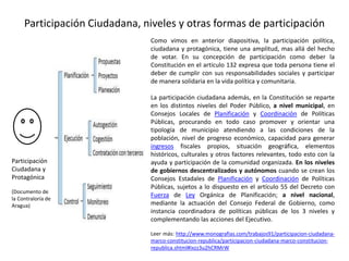 Participación Ciudadana, niveles y otras formas de participación
Como vimos en anterior diapositiva, la participación política,
ciudadana y protagónica, tiene una amplitud, mas allá del hecho
de votar. En su concepción de participación como deber la
Constitución en el artículo 132 expresa que toda persona tiene el
deber de cumplir con sus responsabilidades sociales y participar
de manera solidaria en la vida política y comunitaria.
La participación ciudadana además, en la Constitución se reparte
en los distintos niveles del Poder Público, a nivel municipal, en
Consejos Locales de Planificación y Coordinación de Políticas
Públicas, procurando en todo caso promover y orientar una
tipología de municipio atendiendo a las condiciones de la
población, nivel de progreso económico, capacidad para generar
ingresos fiscales propios, situación geográfica, elementos
históricos, culturales y otros factores relevantes, todo esto con la
ayuda y participación de la comunidad organizada. En los niveles
de gobiernos descentralizados y autónomos cuando se crean los
Consejos Estadales de Planificación y Coordinación de Políticas
Públicas, sujetos a lo dispuesto en el artículo 55 del Decreto con
Fuerza de Ley Orgánica de Planificación; a nivel nacional,
mediante la actuación del Consejo Federal de Gobierno, como
instancia coordinadora de políticas públicas de los 3 niveles y
complementando las acciones del Ejecutivo.
Leer más: http://www.monografias.com/trabajos91/participacion-ciudadana-
marco-constitucion-republica/participacion-ciudadana-marco-constitucion-
republica.shtml#ixzz3u2hCRMrW
Participación
Ciudadana y
Protagónica
(Documento de
la Contraloría de
Aragua)
 