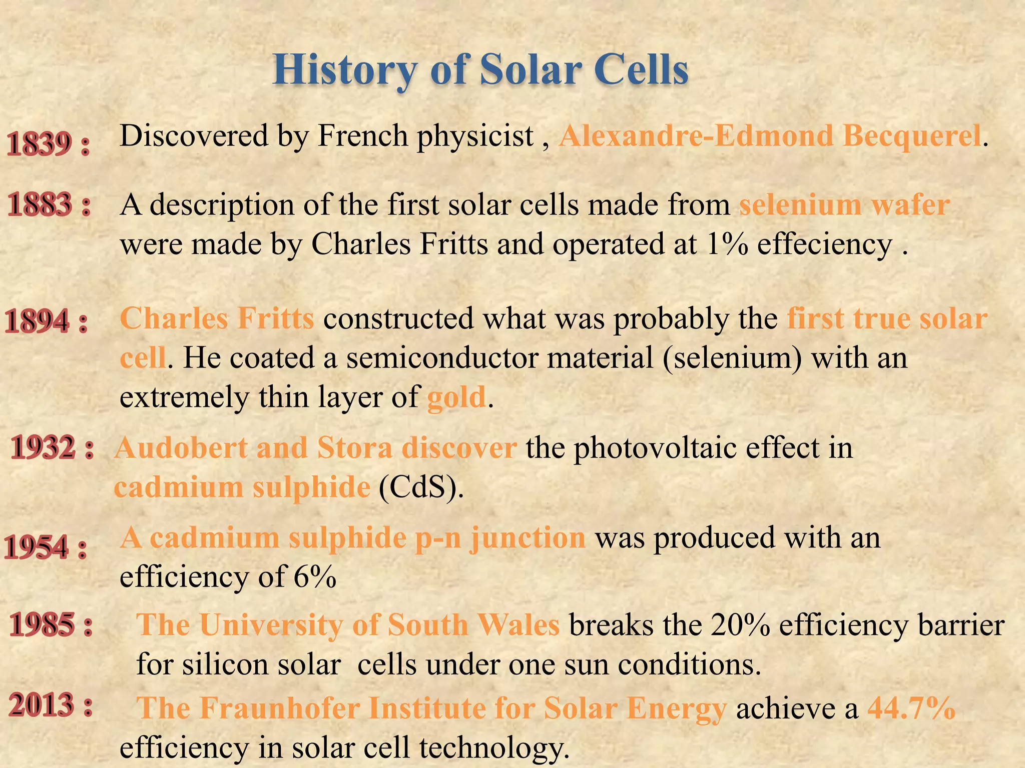History of Solar Cells
Discovered by French physicist , Alexandre-Edmond Becquerel.
A description of the first solar cells made from selenium wafer
were made by Charles Fritts and operated at 1% effeciency .
Charles Fritts constructed what was probably the first true solar
cell. He coated a semiconductor material (selenium) with an
extremely thin layer of gold.
A cadmium sulphide p-n junction was produced with an
efficiency of 6%
Audobert and Stora discover the photovoltaic effect in
cadmium sulphide (CdS).
The Fraunhofer Institute for Solar Energy achieve a 44.7%
efficiency in solar cell technology.
The University of South Wales breaks the 20% efficiency barrier
for silicon solar cells under one sun conditions.
 
