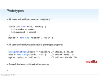 Prototypes

          • All user-deﬁned functions can construct:


               function Car(make, model) {
                 this.make = make;
                 this.model = model;
               }
               myCar = new Car(“Honda”, “Fit”);


          • All user-deﬁned functions have a prototype property:


               Car.prototype.color = “black”;!// default color
               old = new Car(“Ford”, “T”);!
                                          ! // black Model T
               myCar.color = “silver”;! ! ! // silver Honda Fit

                                                                   mozilla
          • Powerful when combined with closures

          16


Thursday, October 27, 2011
 