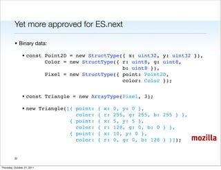 Yet more approved for ES.next

          • Binary data:

                • const Point2D = new StructType({ x: uint32, y: uint32 }),
                        Color = new StructType({ r: uint8, g: uint8,
                                                 b: uint8 }),
                        Pixel = new StructType({ point: Point2D,
                                                 color: Color });


                • const Triangle = new ArrayType(Pixel, 3);

                • new Triangle([{ point:   {   x:   0, y: 0 },
                                  color:   {   r:   255, g: 255, b: 255 } },
                                { point:   {   x:   5, y: 5 },
                                  color:   {   r:   128, g: 0, b: 0 } },
                                { point:   {   x:   10, y: 0 },
                                  color:   {   r:   0, g: 0, b: 128 } }]);     mozilla

          32


Thursday, October 27, 2011
 