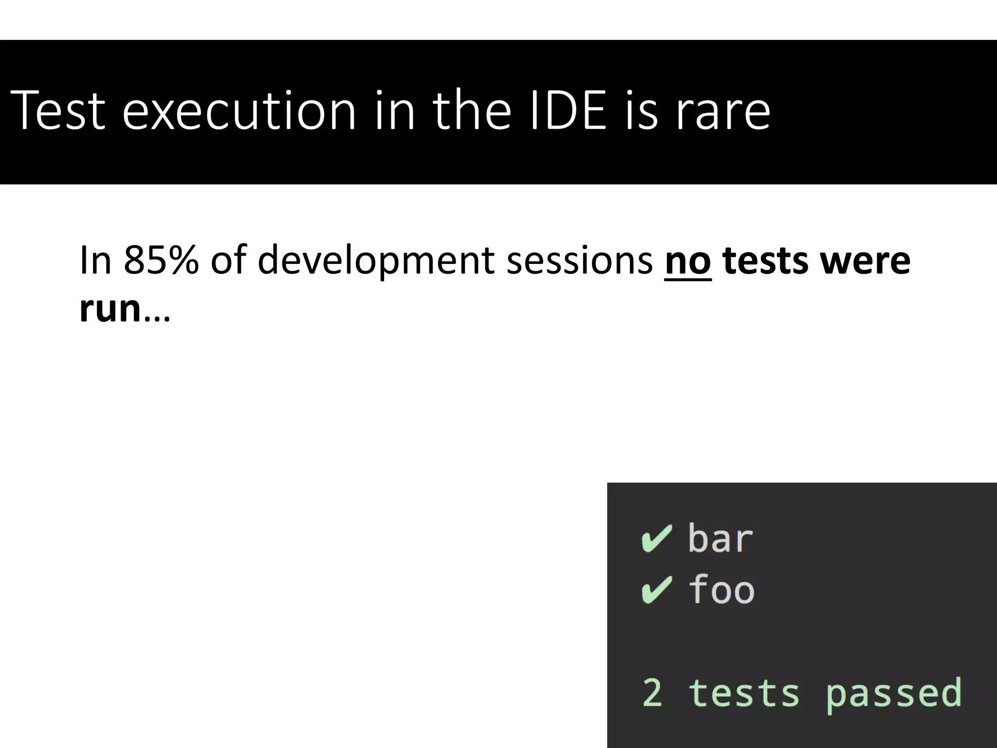 Test execution in the IDE is rare
In 85% of development sessions no tests were
run…
 