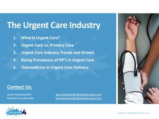 Copyright © 2018 Splash 4 Partners, LLC
The Urgent Care Industry
1. What is Urgent Care?
2. Urgent Care vs. Primary Care
3. Urgent Care Industry Trends and Drivers
4. Rising Prevalence of NP’s in Urgent Care
5. Telemedicine in Urgent Care Delivery
Contact Us:
Jacob Grosshandler jgrosshandler@splash4partners.com
Richard Grosshandler rgrosshandler@splash4partners.com
 