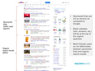 Sponsored
links
(SEM / paid
search)
Organic
search results
(SEO)
• Sponsored links are
not so obvious as
compared to
Google.
• Baidu websites
(wiki, answers, etc.)
will be at the top of
the organic
searches
• Most Chinese users
do not differentiate
between sponsored
links and organic
search results
 