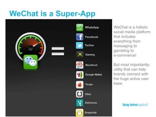 WeChat is a Super-App
WeChat is a holistic
social media platform
that includes
everything from
messaging to
gambling to
e-commerce!
But most importantly:
utility that can help
brands connect with
the huge active user
base
Uber
Deliveroo
Snapchat
 