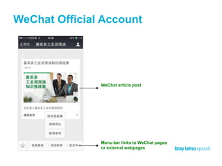 WeChat Official Account
Menu bar links to WeChat pages
or external webpages
WeChat article post
 