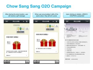 Chow Sang Sang O2O Campaign
After sharing the store location, user
will receive a gift message
When user accumulates 2 gifts of the
same colour, they will win a prize
Upon clicking on details, a $500 E-
COUPON is presented
 