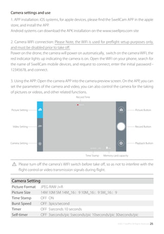 ©2017 SwellPro All Rights Reserved 25
00:05:20
8.5G2016/05/03 17:08
Camera Setting
Picture Format
Picture Size
Time Stamp
Burst Speed
Timer
Self-timer
JPEG RAW J+R
14M 10M 5M 14M_16：9 10M_16：9 5M_16：9
OFF ON
OFF 3pics/second
OFF 5seconds 10 seconds
OFF 3seconds/pic 5seconds/pic 10seconds/pic 30seconds/pic
Picture Setting
Video Setting
Camera Setting
Picture Button
Record Button
Playback Button
Record Time
Time Stamp Memory card capacity
1. APP installation: iOS systems, for apple devices, please ﬁnd the SwellCam APP in the apple
store, and install the APP.
Android systems can download the APK installation on the www.swellpro.com site
2. Camera WIFI connection: Please Note, the WiFi is used for preﬂight setup purposes only,
and must be disabled prior to take oﬀ.
Power on the drone, the camera will power on automatically, switch on the camera WIFI, the
red indicator lights up indicating the camera is on. Open the WIFI on your phone, search for
the name of SwellCam mobile devices, and request to connect, enter the initial password -
12345678, and connect.
3. Using the APP: Open the camera APP into the camera preview screen. On the APP, you can
set the parameters of the camera and video, you can also control the camera for the taking
of pictures or videos, and other related functions.
Camera settings and use
Please turn oﬀ the camera's WIFI switch before take oﬀ, so as not to interfere with the
ﬂight control or video transmission signals during ﬂight.
 