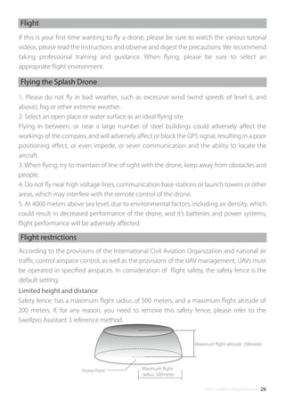 ©2017 SwellPro All Rights Reserved 29
Flight
Flying the Splash Drone
If this is your ﬁrst time wanting to ﬂy a drone, please be sure to watch the various tutorial
videos, please read the instructions and observe and digest the precautions. We recommend
taking professional training and guidance. When ﬂying, please be sure to select an
appropriate ﬂight environment.
1. Please do not ﬂy in bad weather, such as excessive wind (wind speeds of level 6, and
above), fog or other extreme weather.
2. Select an open place or water surface as an ideal ﬂying site.
Flying in between, or near a large number of steel buildings could adversely aﬀect the
workings of the compass, and will adversely aﬀect or block the GPS signal, resulting in a poor
positioning eﬀect, or even impede, or sever communication and the ability to locate the
aircraft.
3. When ﬂying, try to maintain of line of sight with the drone, keep away from obstacles and
people.
4. Do not ﬂy near high voltage lines, communication base stations or launch towers or other
areas, which may interfere with the remote control of the drone.
5. At 4000 meters above sea level, due to environmental factors, including air density, which
could result in decreased performance of the drone, and it’s batteries and power systems,
ﬂight performance will be adversely aﬀected.
Flight restrictions
Limited height and distance
According to the provisions of the International Civil Aviation Organization and national air
traﬃc control airspace control, as well as the provisions of the UAV management, UAVs must
be operated in speciﬁed airspaces. In consideration of ﬂight safety, the safety fence is the
default setting.
Safety fence: has a maximum ﬂight radius of 500 meters, and a maximum ﬂight altitude of
200 meters. If, for any reason, you need to remove this safety fence, please refer to the
Swellpro Assistant 3 reference method.
Home Point Maximum ﬂight
radius: 500meter
Maximum ﬂight altitude: 200meter
 