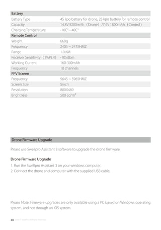 ©2017 SwellPro All Rights Reserved46
Drone Firmware Upgrade
Please use Swellpro Assistant 3 software to upgrade the drone ﬁrmware.
Drone Firmware Upgrade
1. Run the Swellpro Assistant 3 on your windows computer.
2. Connect the drone and computer with the supplied USB cable.
Please Note: Firmware upgrades are only available using a PC based on Windows operating
system, and not through an IOS system.
Battery
Battery Type
Capacity
Charging Temperature
4S lipo battery for drone, 2S lipo battery for remote control
14.8V 5200mAh（Drone）/7.4V 1800mAh（Control）
-10C°~ 40C°
Remote Control
Weight
Frequency
Range
Receiver Sensitivity（1%PER）
Working Current
Frequency
660g
2405 ~ 2475HMZ
1.0 KM
-105dbm
160-300mAh
10 channels
FPV Screen
Frequency
Screen Size
Resolution
Brightness
5645 ~ 5965HMZ
5inch
800X480
500 cd/m²
 