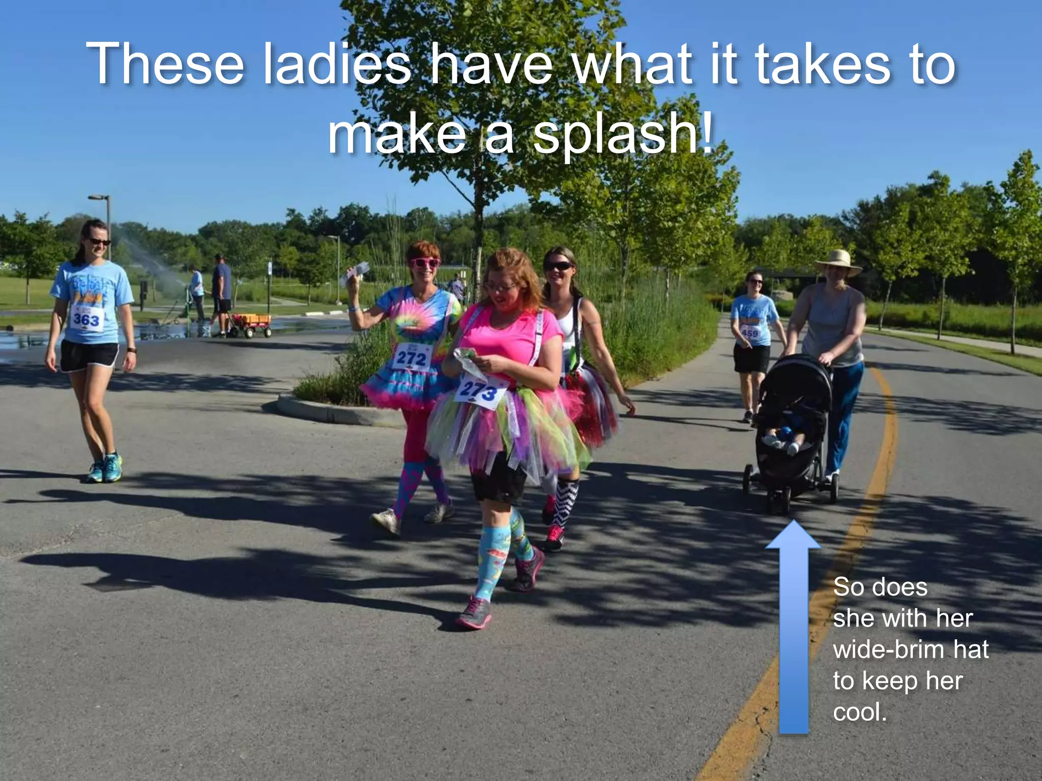 So does
she with her
wide-brim hat
to keep her
cool.
These ladies have what it takes to
make a splash!