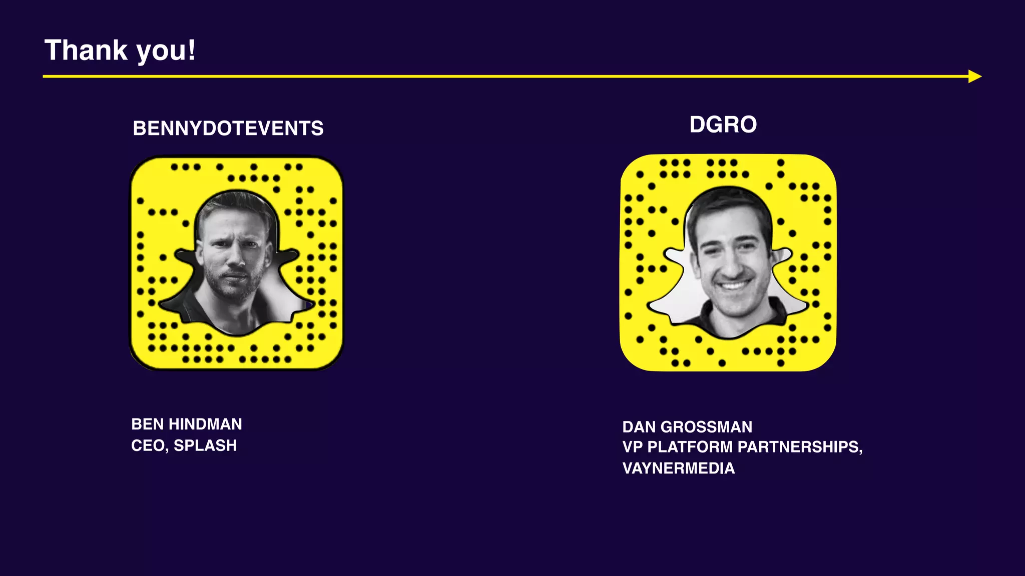 Thank you!
BEN HINDMAN
CEO, SPLASH
DAN GROSSMAN
VP PLATFORM PARTNERSHIPS,
VAYNERMEDIA
DGROBENNYDOTEVENTS
 