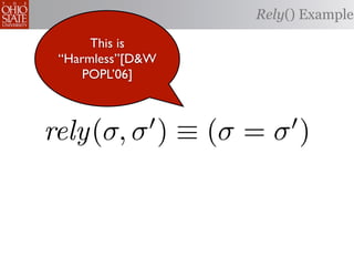 Rely() Example

      This is
 “Harmless”[D&W
     POPL’06]



rely(σ, σ ) ≡ (σ = σ )
 