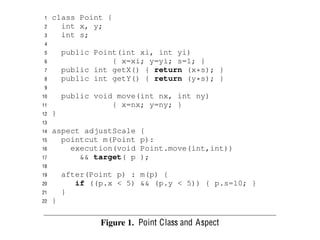 1   class Point {
                                                         But
 2     int x, y;                                      condit
 3     int s;                                         particu
 4                                                    questi
 5       public Point(int xi, int yi)                 might
 6                  { x=xi; y=yi; s=1; }              have t
 7       public int getX() { return (x*s); }          on an
 8       public int getY() { return (y*s); }          may h
 9
                                                      differe
10       public void move(int nx, int ny)
11                  { x=nx; y=ny; }
                                                      of exp
12   }                                                pointc
13                                                    rely()
14   aspect adjustScale    {                          as (1)
15     pointcut m(Point    p):                            Ho
16       execution(void    Point.move(int,int))       class a
17         && target( p    );                         that ap
18
                                                      advice
19       after(Point p) : m(p) {
                                                      in whi
20          if ((p.x < 5) && (p.y < 5)) { p.s=10; }
21       }                                            we wi
22   }                                                will, t
                                                      a pote
                                                      the cla
                 Figure 1. Point Class and Aspect     one or
                                                      possib
 