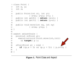 1   class Point {
                                                         But
 2     int x, y;                                      condit
 3     int s;                                         particu
 4                                                    questi
 5       public Point(int xi, int yi)                 might
 6                  { x=xi; y=yi; s=1; }              have t
 7       public int getX() { return (x*s); }          on an
 8       public int getY() { return (y*s); }          may h
 9
                                                      differe
10       public void move(int nx, int ny)
11                  { x=nx; y=ny; }
                                                      of exp
12   }                                                pointc
13                                                    rely()
14   aspect adjustScale    {                          as (1)
15     pointcut m(Point    p):                            Ho
16       execution(void    Point.move(int,int))       class a
17         && target( p    );                         that ap
18
                                                      advice
19       after(Point p) : m(p) {
                                                      in whi
20          if ((p.x < 5) && (p.y < 5)) { p.s=10; }
21       }                                            we wi
22   }                                                will, t
                                                      a pote
                                                      the cla
                 Figure 1. Point Class and Aspect     one or
                                                      possib
 