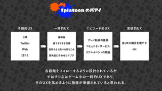 予期的UX 一時的UX エピソード的UX 累積的UX
CM
Twitter
Web
口コミ
体験版
誰でもできる目標
気持ちよく遊べる作りこみ
習熟度に合わせたアプデ
プレイ動画の推奨
コミュニティサービス
リアルイベントの開催
各UXの機会を増やす
etc
各段階をフォローするように設計されているが
やはり中心はゲーム中の一時的UXであり、
そのUXを高めるように施策が準備されていると思われる。
Splatoon のバアイ
 