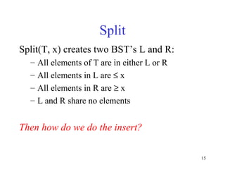 15
Split
Split(T, x) creates two BST’s L and R:
– All elements of T are in either L or R
– All elements in L are ≤ x
– All elements in R are ≥ x
– L and R share no elements
Then how do we do the insert?
 