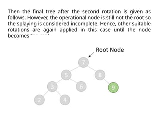 Then the final tree after the second rotation is given as
follows. However, the operational node is still not the root so
the splaying is considered incomplete. Hence, other suitable
rotations are again applied in this case until the node
becomes the root.
 