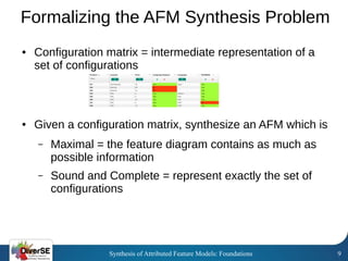 Synthesis of Attributed Feature Models: Foundations 9
Formalizing the AFM Synthesis Problem
● Configuration matrix = inter...